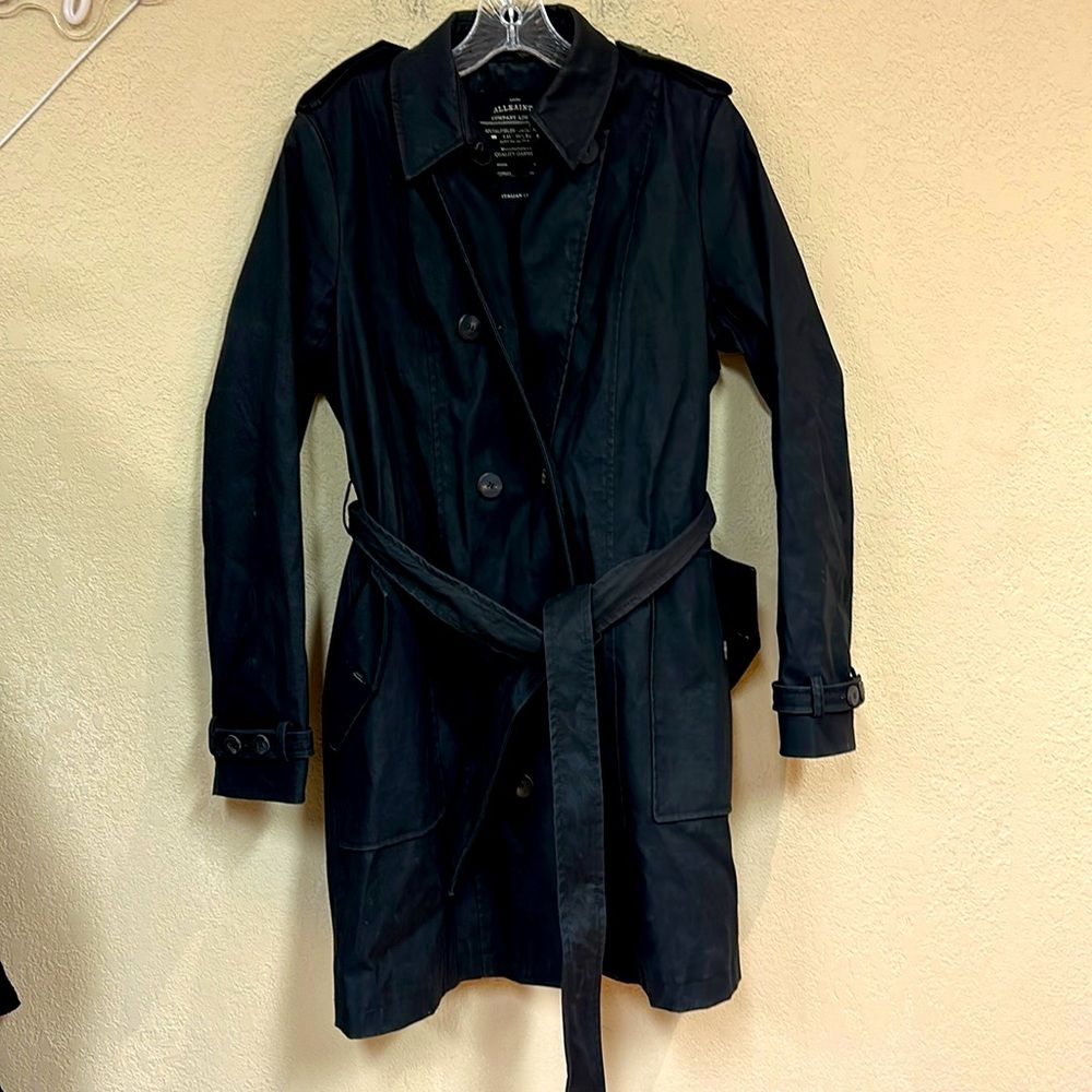 Allsaints Womans Truman Trench Coat In Black Italian Cloth Size 10 Medium